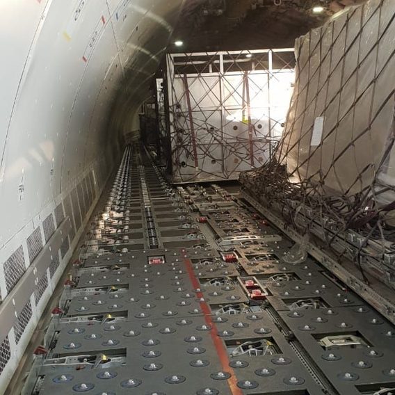 Aircraft cargo hold prepared for wildlife transport with specialized containers